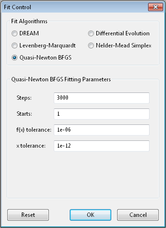 Quasi-Newton BFGS option screen.